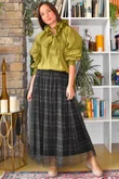 Enid Plaid Tulle Midi Skirt Khaki